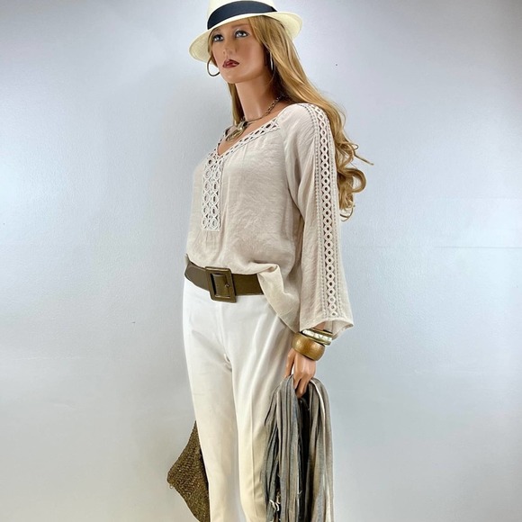 V-neck Women Tunic Lace Trim  Long Sleeve Beige  Loose Fit NWOT - Picture 1 of 8